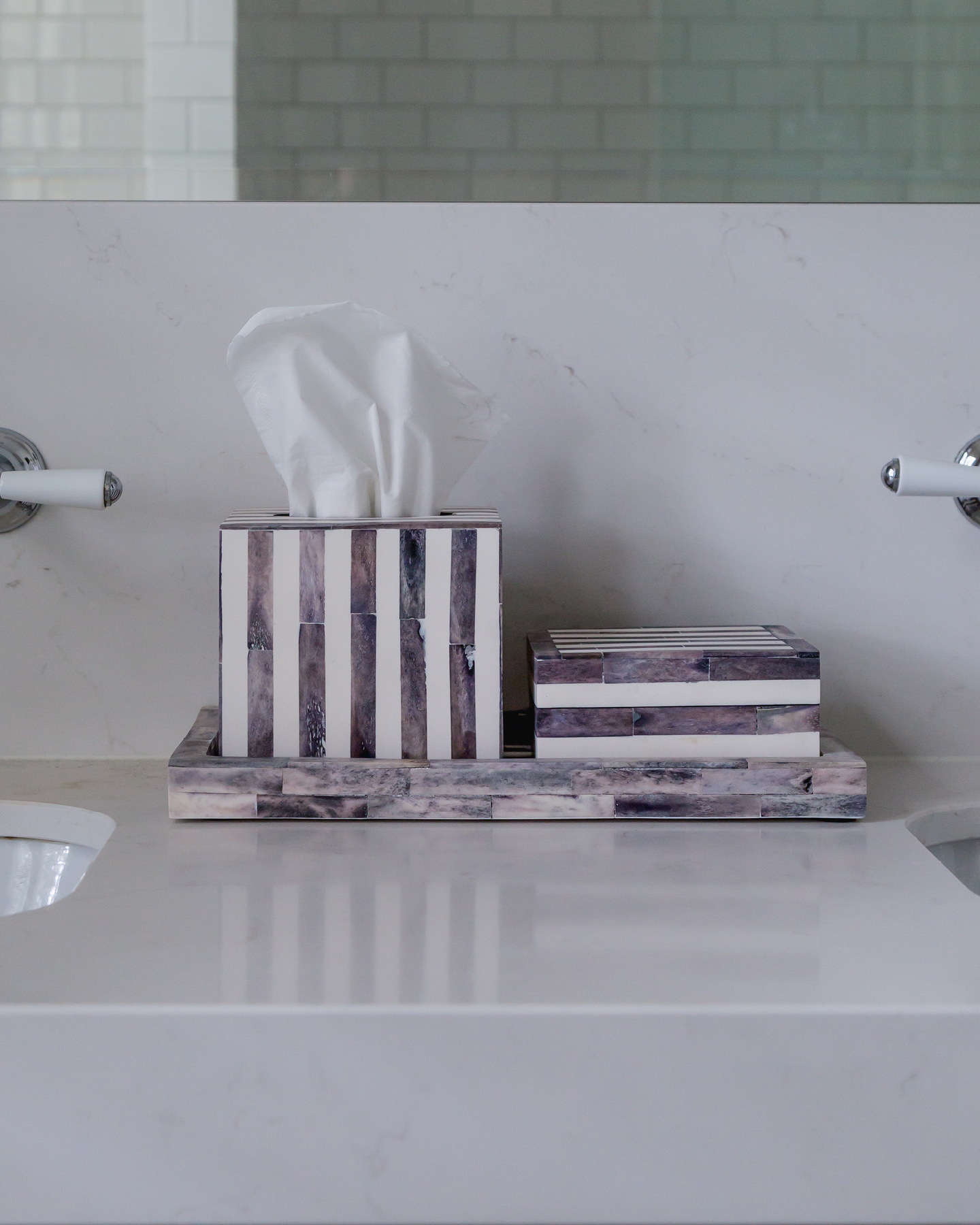 Bone Inlay Bathroom Box - Stripe Grey